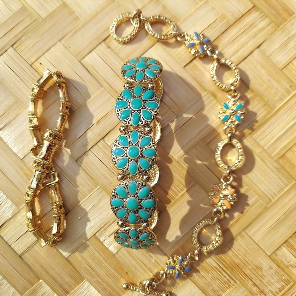 Gold tone boho layering bracelet set of 3 turquoise blue orange